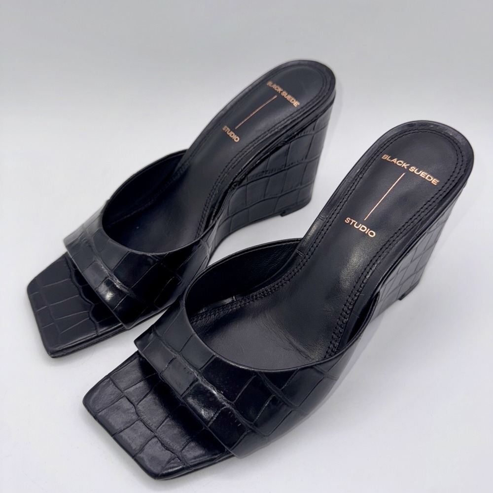 Black Suede Studio Paloma Sandals Women's Size 6 EU 37 Black Croc Wedge